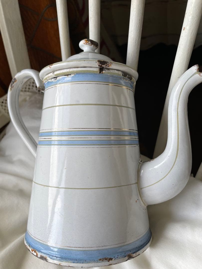 Kアンティーク　ホーロー　ポット　エトワール社　ライトブルー　ホワイト