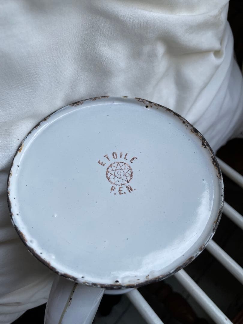 Kアンティーク　ホーロー　ポット　エトワール社　ライトブルー　ホワイト