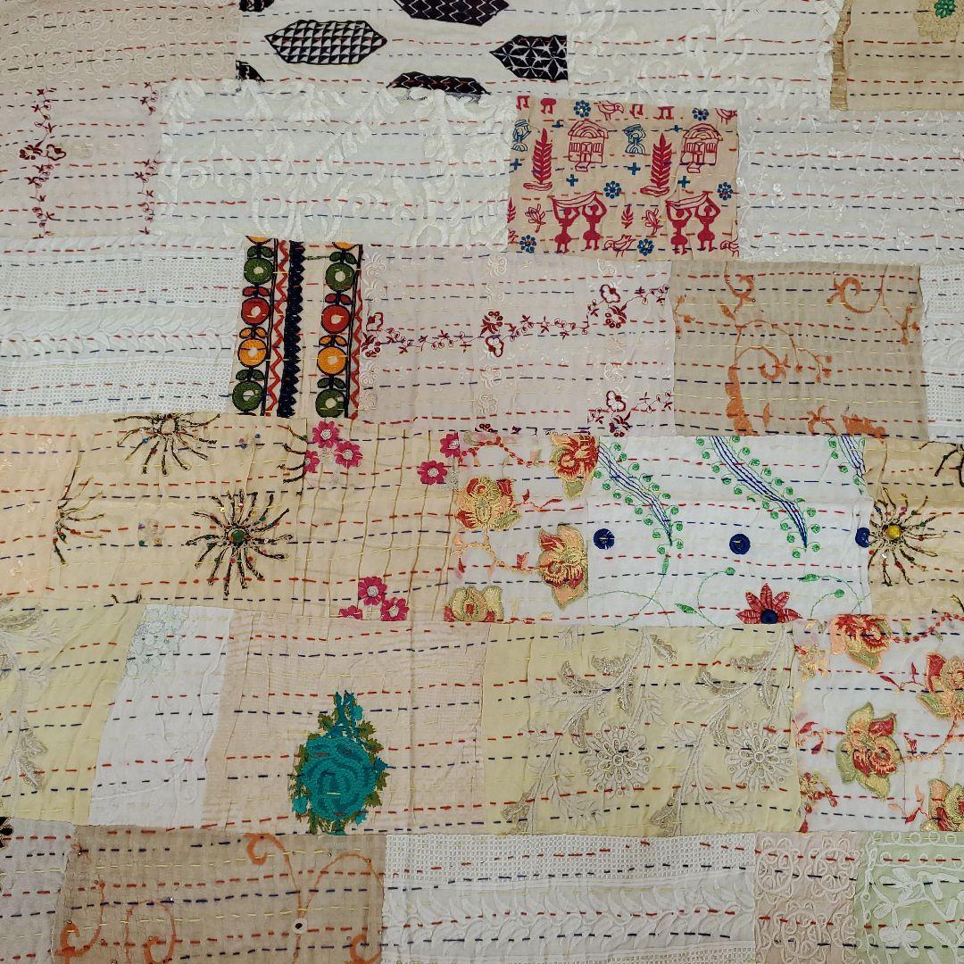 パッチワーク刺繍マルチカバー　ラリーキルト　シングルベッドf