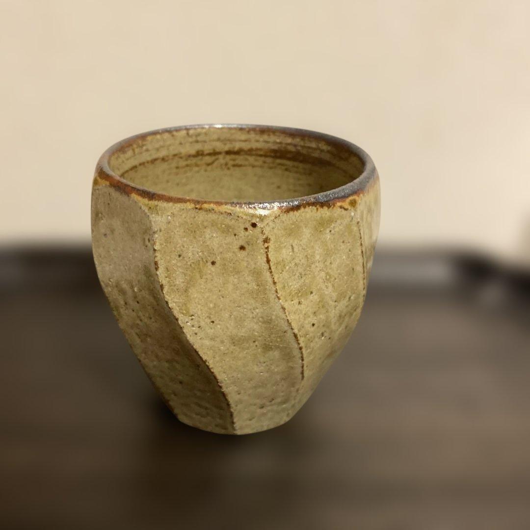 民藝　岩井窯　山本教行さん　灰釉　面取湯呑 & ソーサー