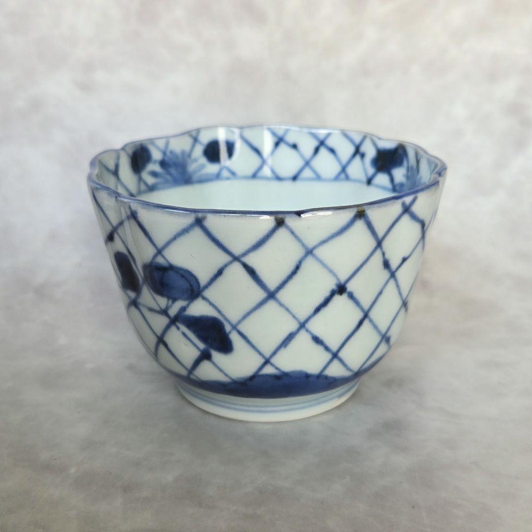 古伊万里　染付　向付　網手　菊花　蕎麦　猪口　江戸　骨董　金継ぎ　アンティーク