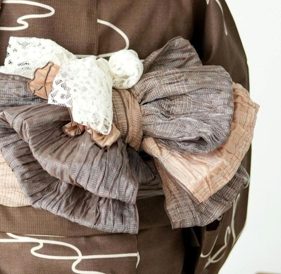 写真茶の兵児帯+お任せ飾り付き帯締めつき◆◆茶ブラウンモダン北欧ゆかた