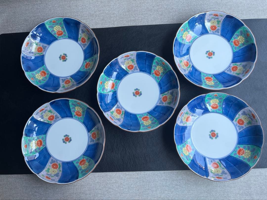 幸楽窯　染錦菊牡丹　輪花皿　六寸皿　中付揃　５枚