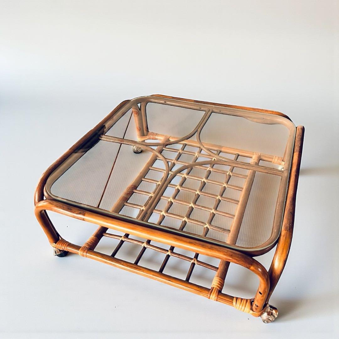 ラタン ローテーブル ガラス天板 キャスター付き ヴィンテージ