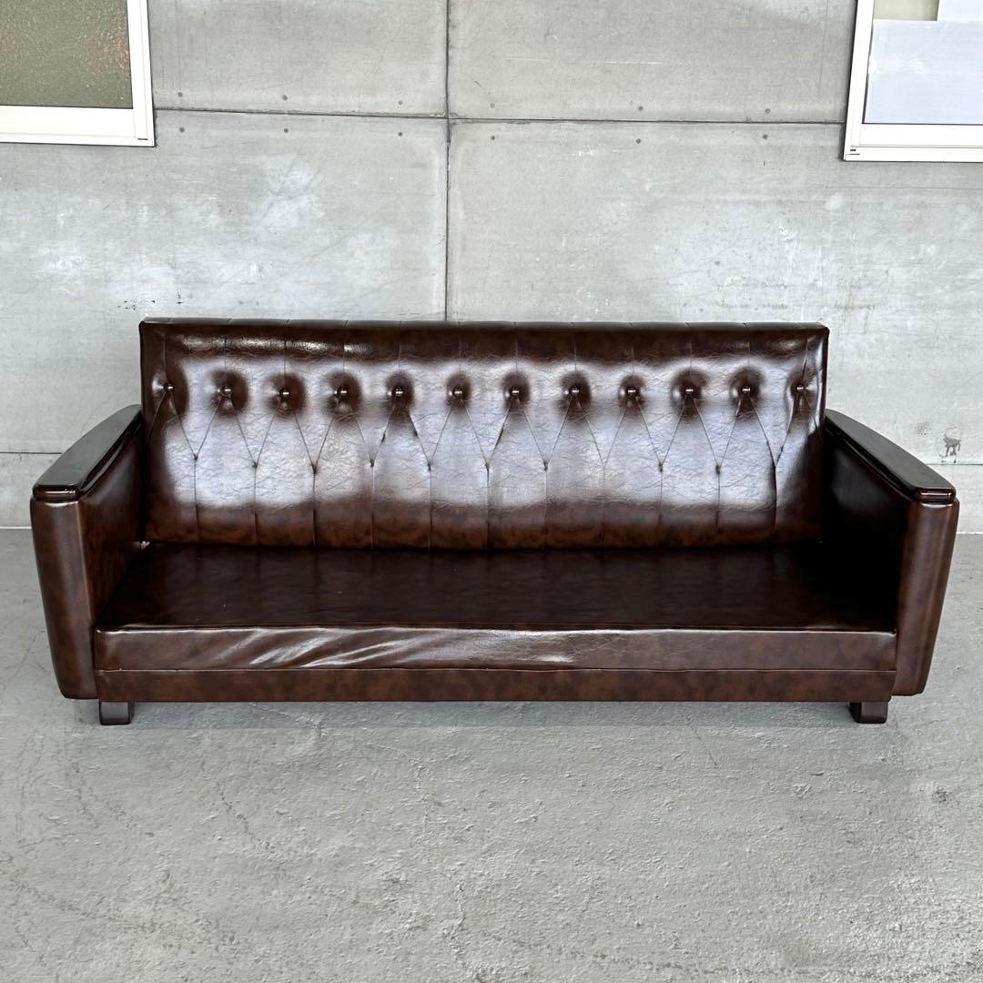 ★80s★ 昭和レトロ 3人掛けソファ 合皮 ブラウン ヴィンテージ 喫茶店什器