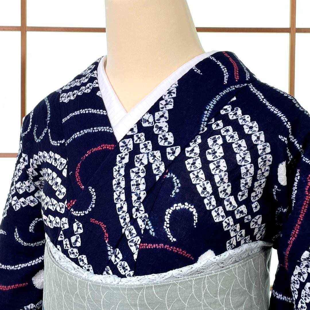 有松鳴海絞り 夏着物 浴衣 綿 斜め縞 濃紺 手縫い仕立て A-2314