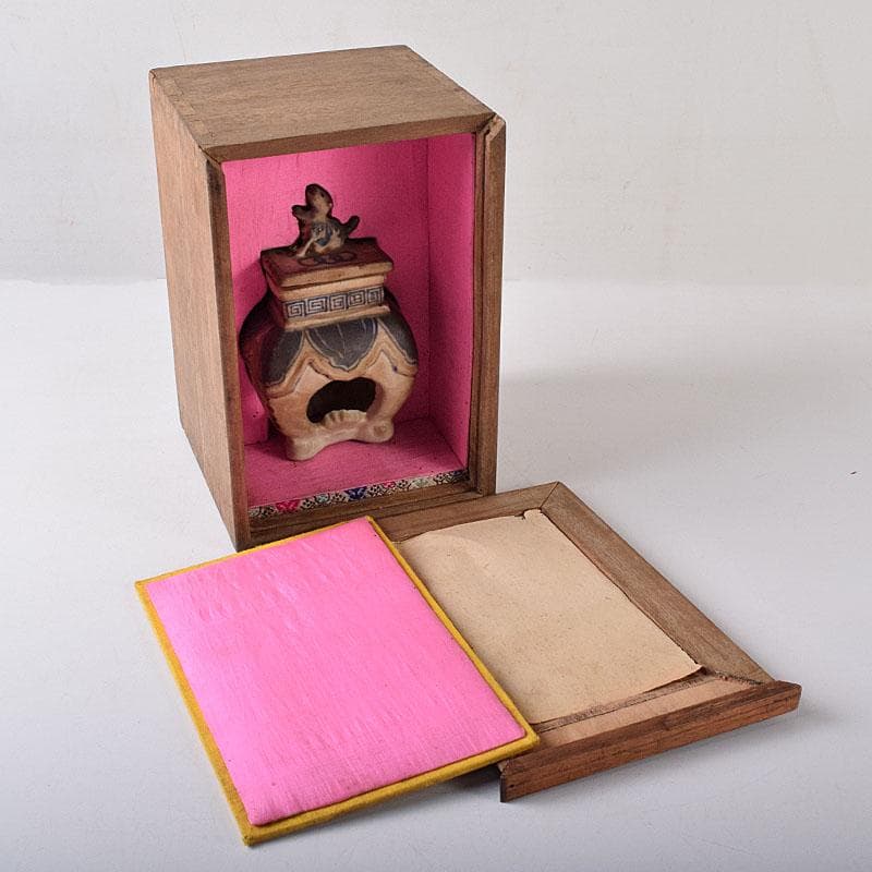 中国　青花　雷文　犬摘　四方香炉　時代箱付　M　R8380