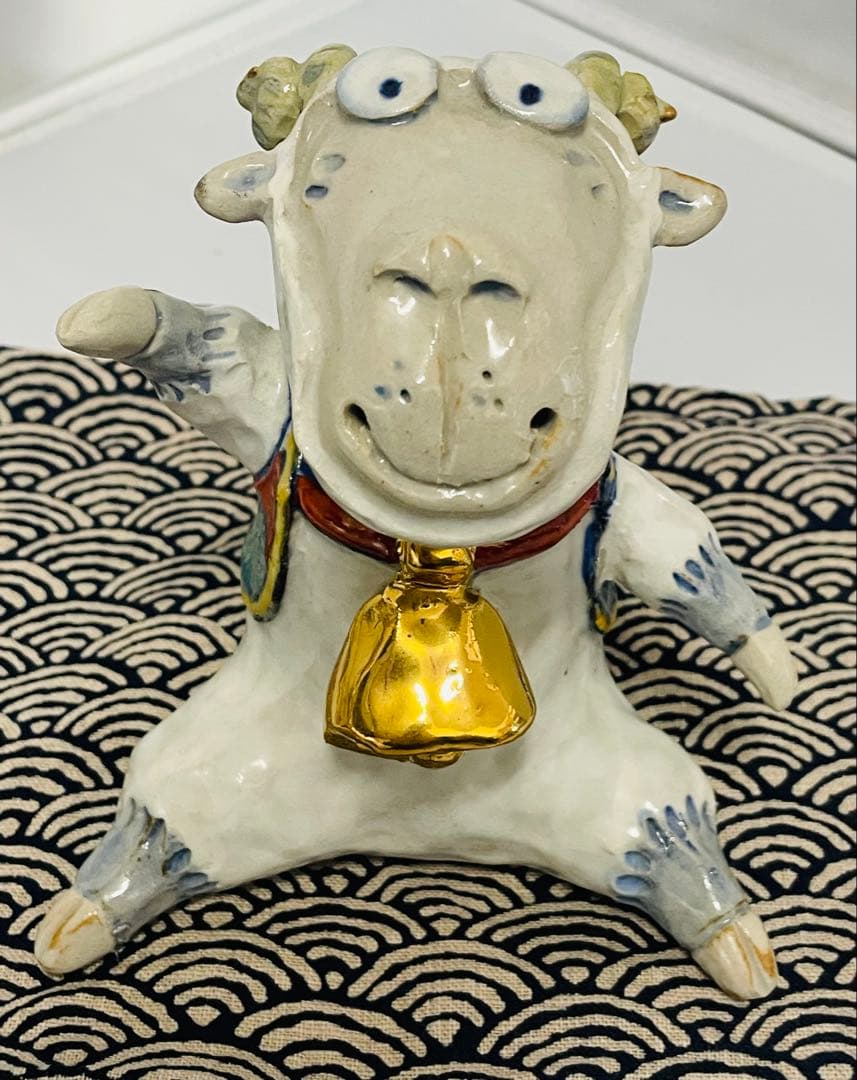 未使用品有田焼　童工房陶器 未の置物 屏風＊マット付き木箱付き