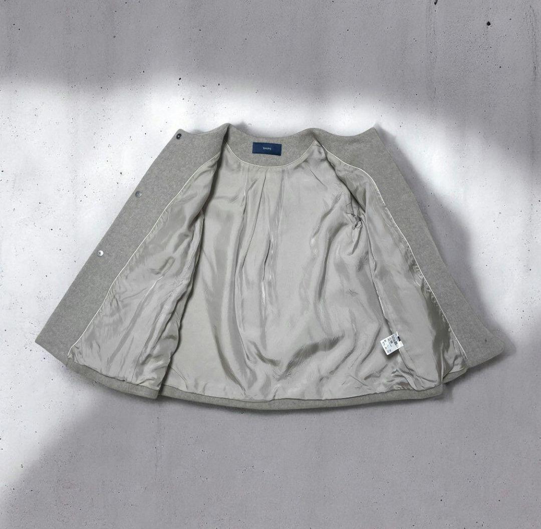 SHIPS シップス ノーカラーショートコート ウール グレージュ