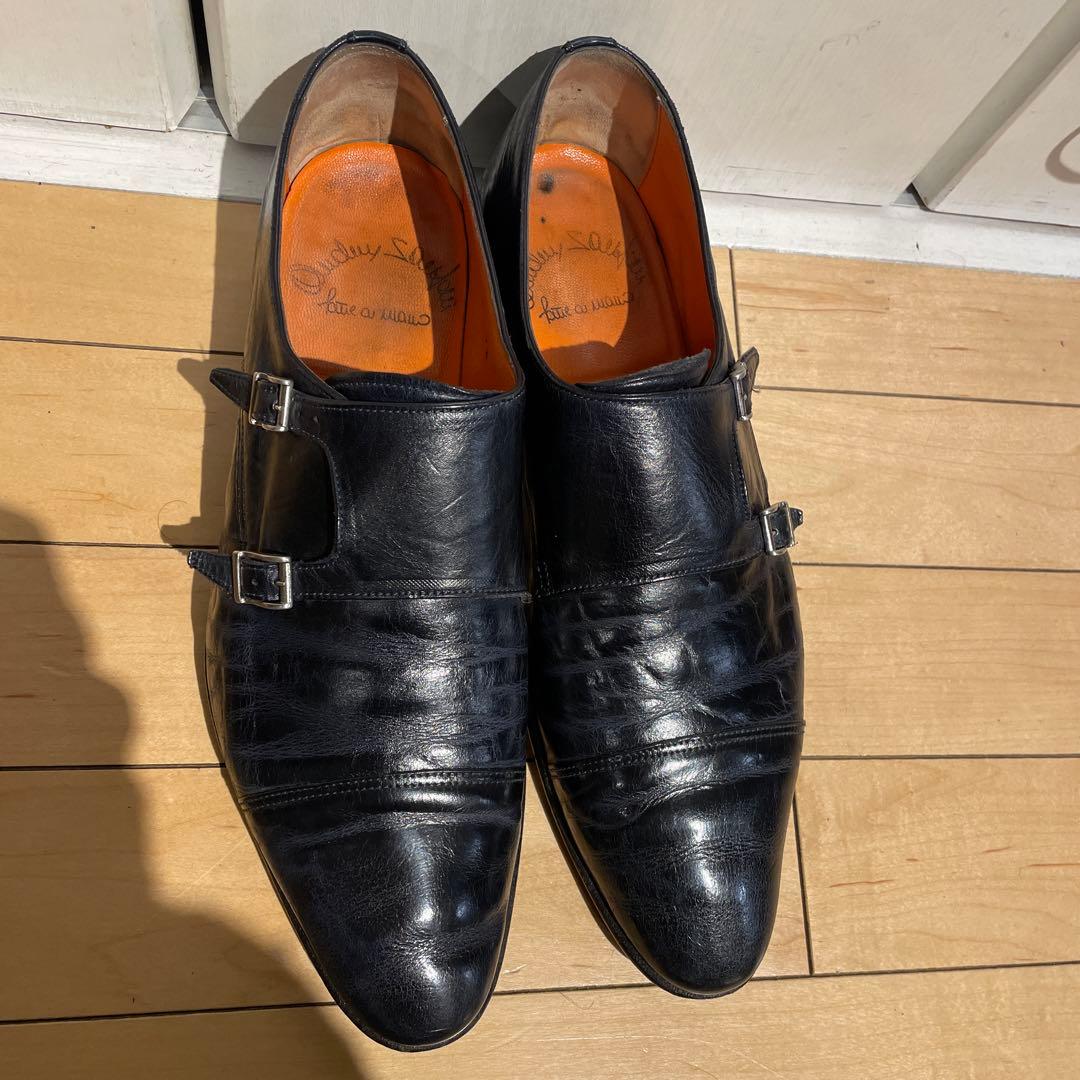 santoniネイビーダブルモンクシューズ