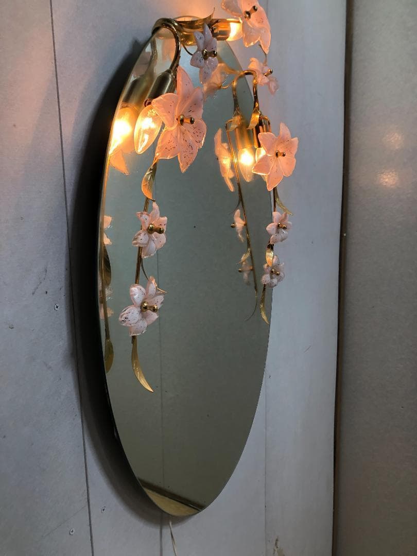 壁掛けミラー アンテーク レトロ ビンテージ 照明 花 楕円形 250413
