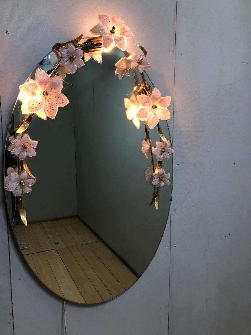 壁掛けミラー アンテーク レトロ ビンテージ 照明 花 楕円形 250413