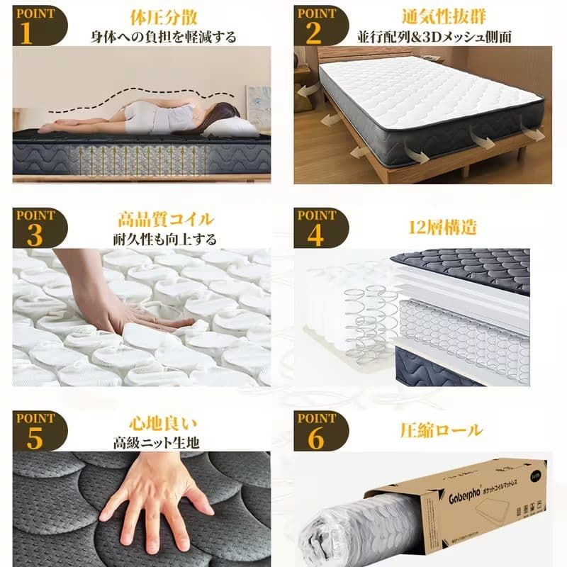 【新品】ブラック マットレス、高級、厚さ21cm、120cm*195cm