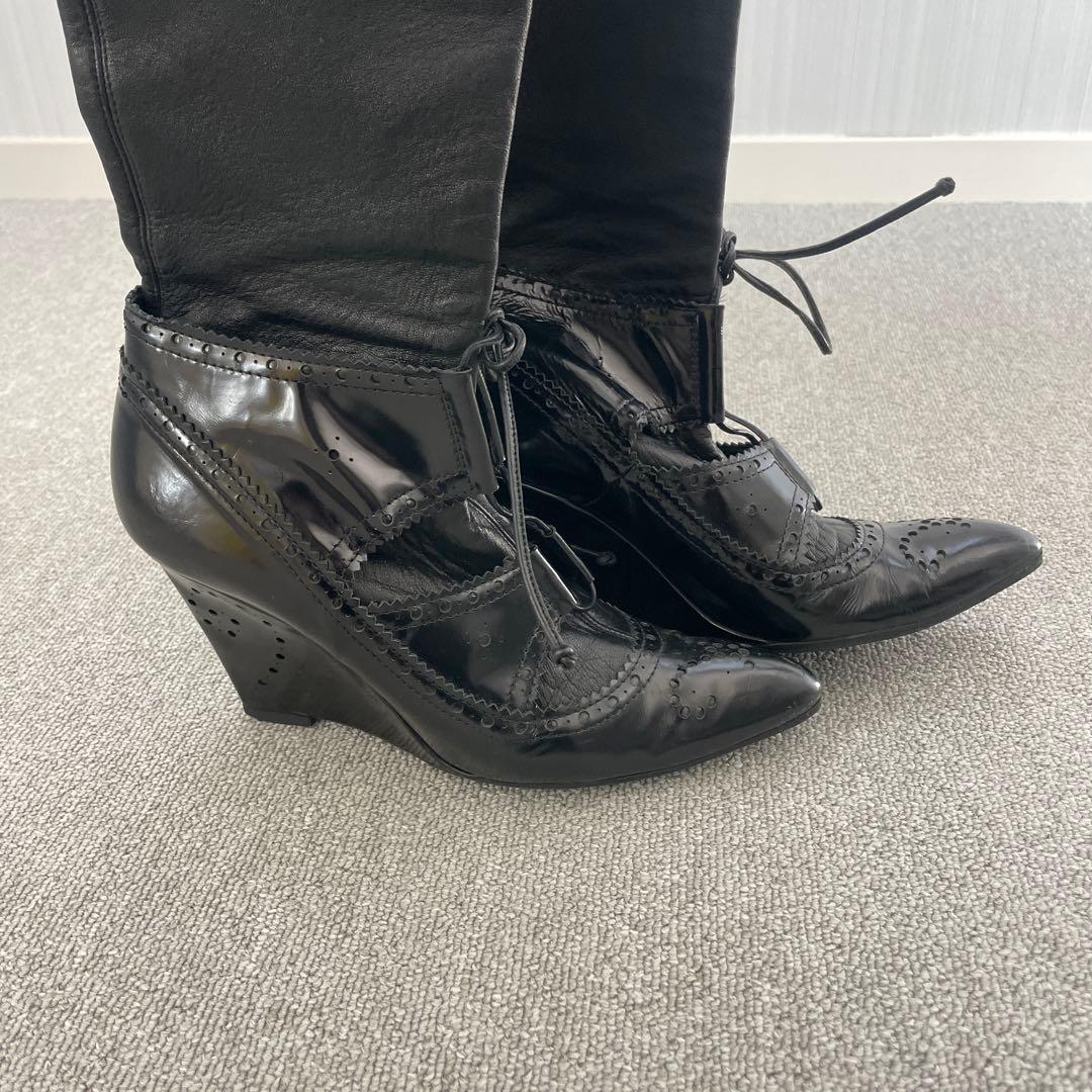 ジバンシィ　ブラックレザー ニーハイブーツ ウェッジヒール