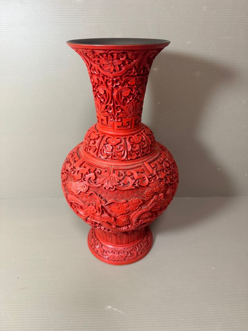 2722 中国美術 漆器 堆朱 剔紅 細密 唐草牡丹雲龍紋 花瓶