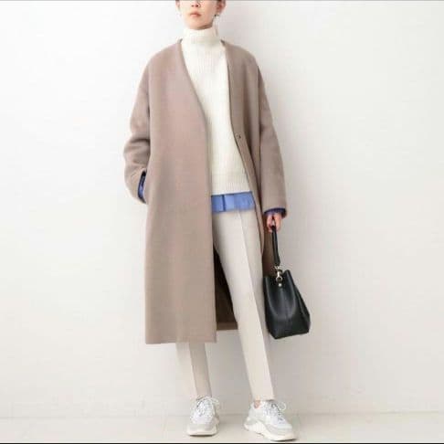 イエナ×高級マンテコ ノーカラーオーバーコート ロング グレージュ 38