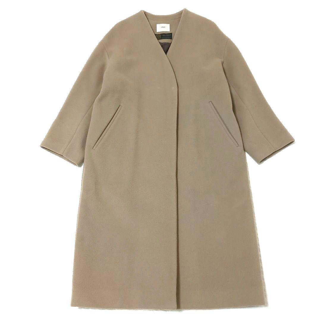 イエナ×高級マンテコ ノーカラーオーバーコート ロング グレージュ 38