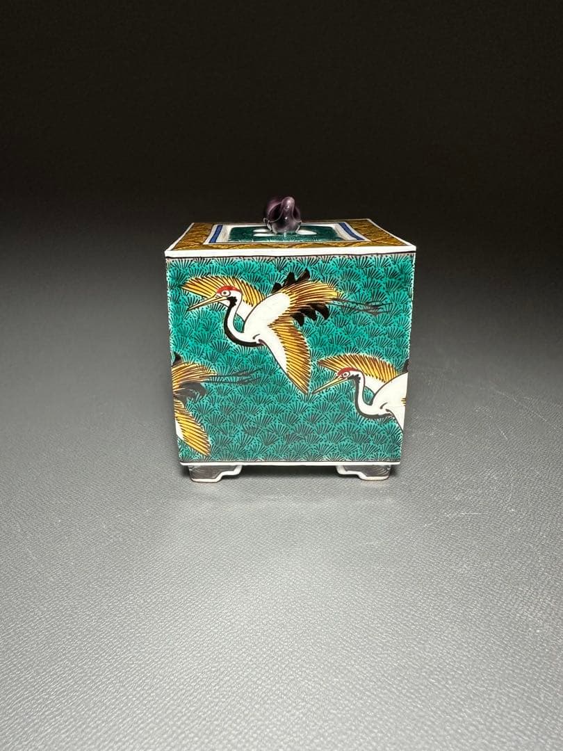 西田伸也　作　色絵群鶴文　香炉　共箱　共布　美品