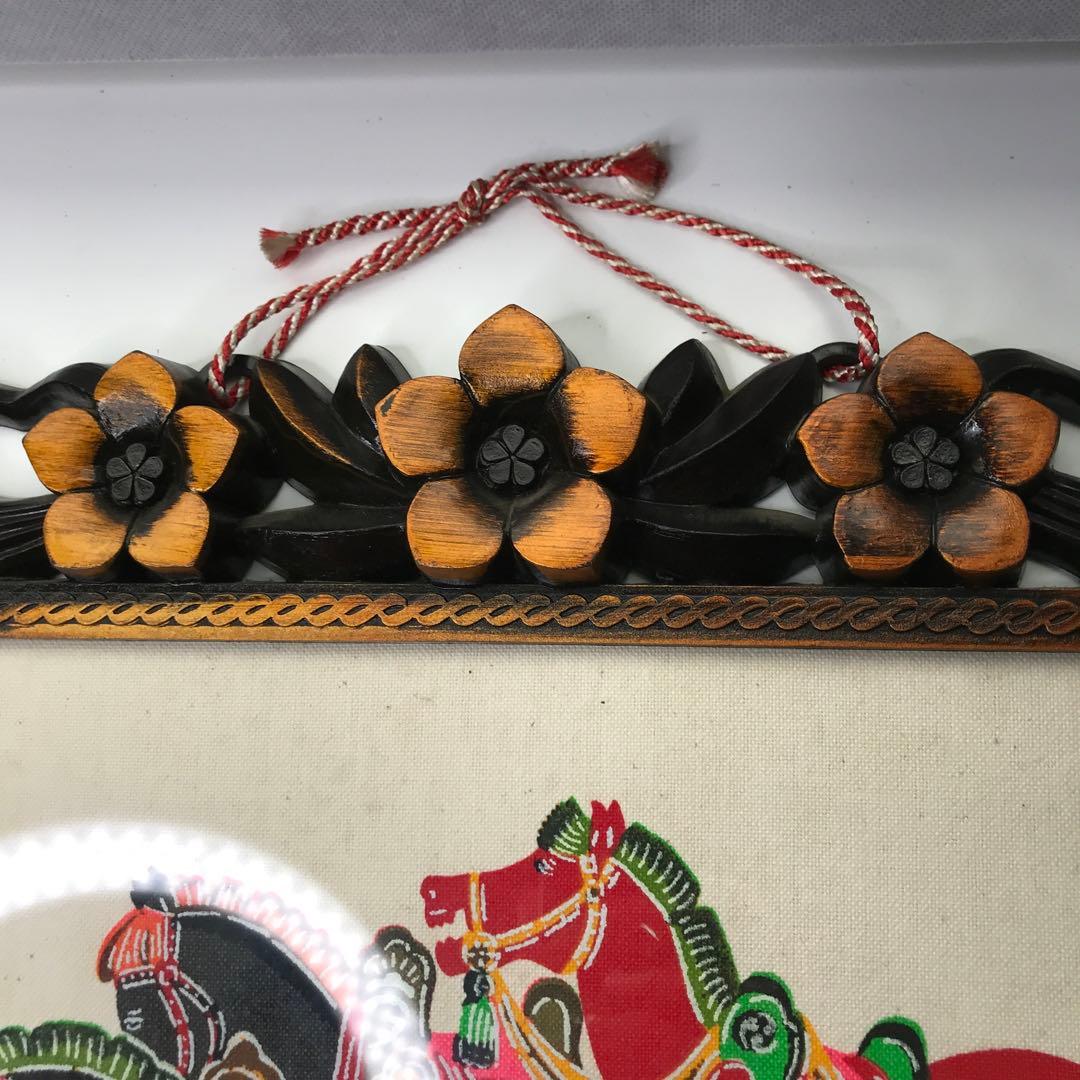 馬の絵 花装飾付き木製フレーム 琉球紅型