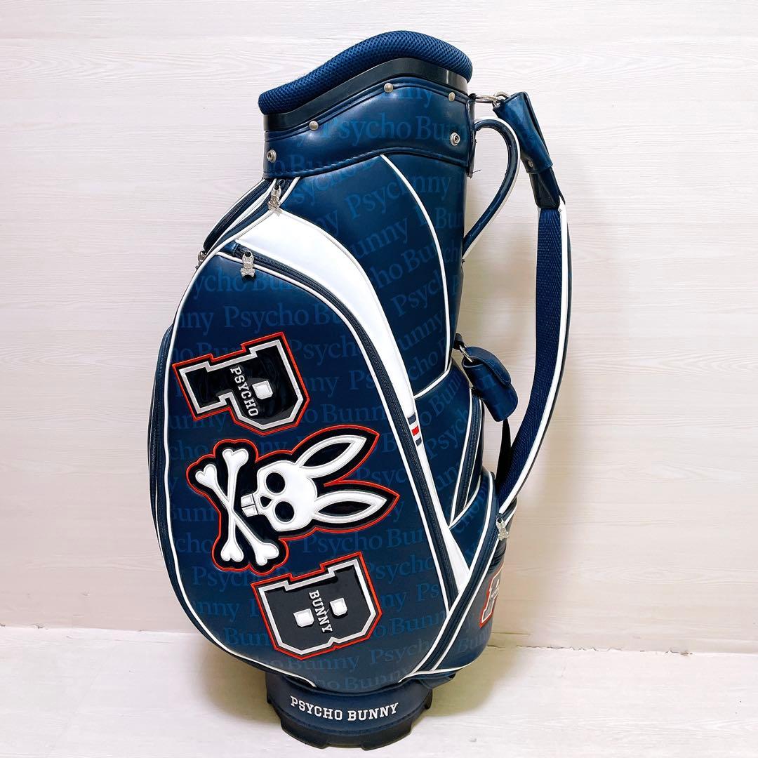 良品 PSYCHO BUNNYサイコバニー キャディバッグ 9.5型 総柄 紺