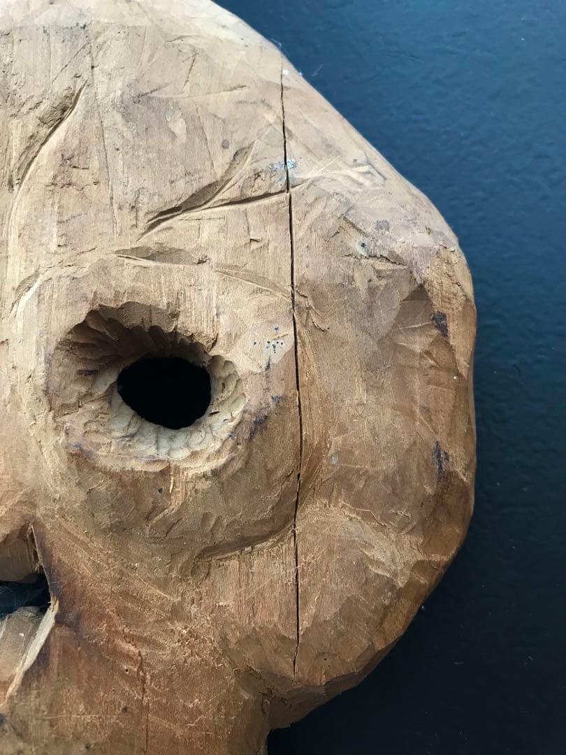 希少 骨董 在銘 髑髏 ドクロ 木彫り 一刀彫り 置物 オブジェ 昭和 時代