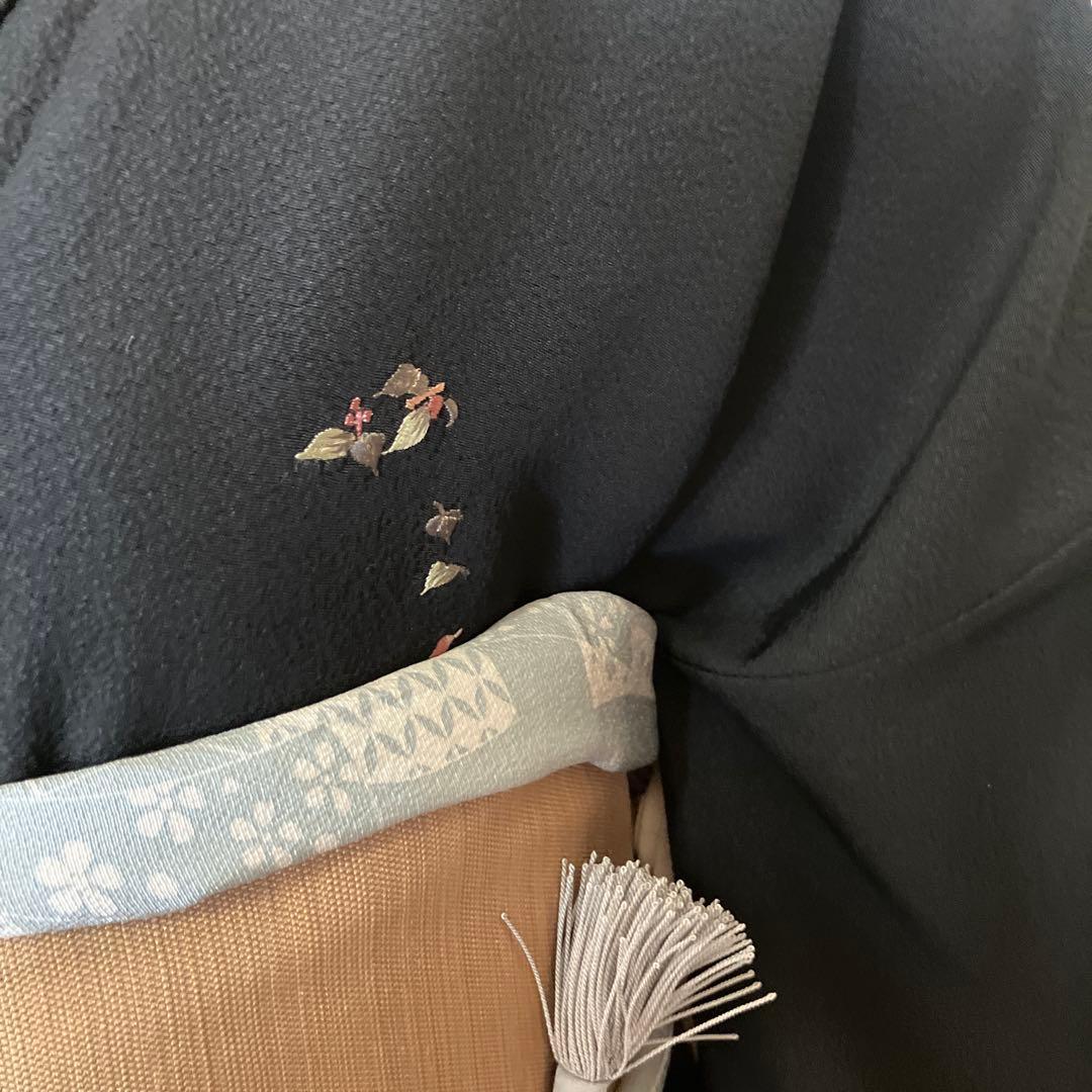 K*O様 フクロウ刺繍の黒い小紋着物　袋帯