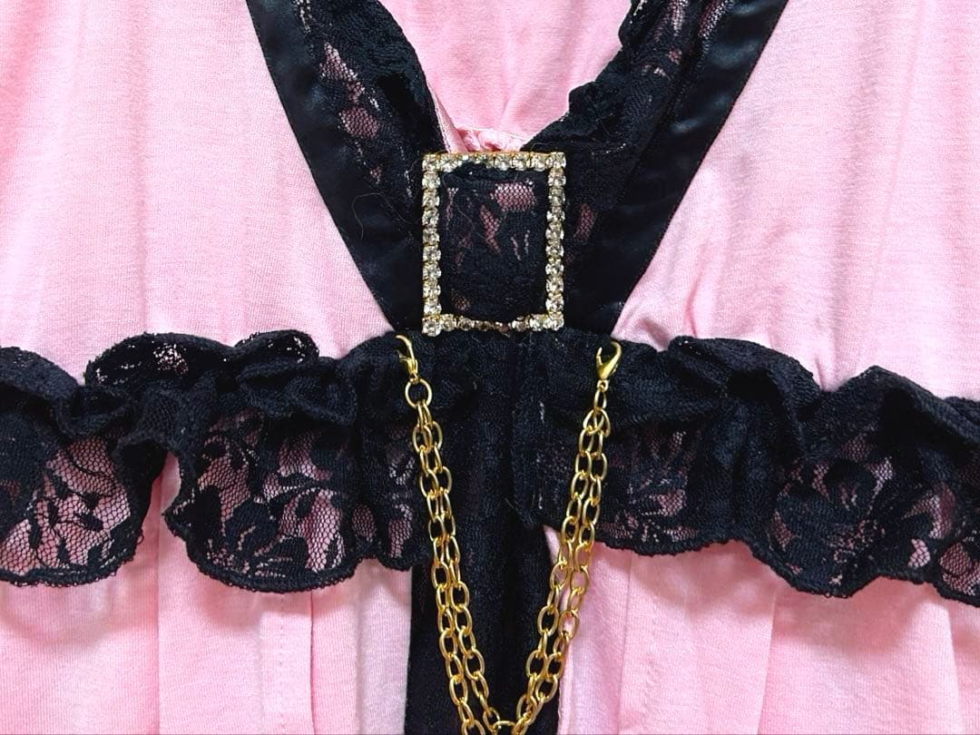 タグ㈲♡GOLDS♡ビジューバックル付きゴールドチェーン♡配色キャミトップスPK