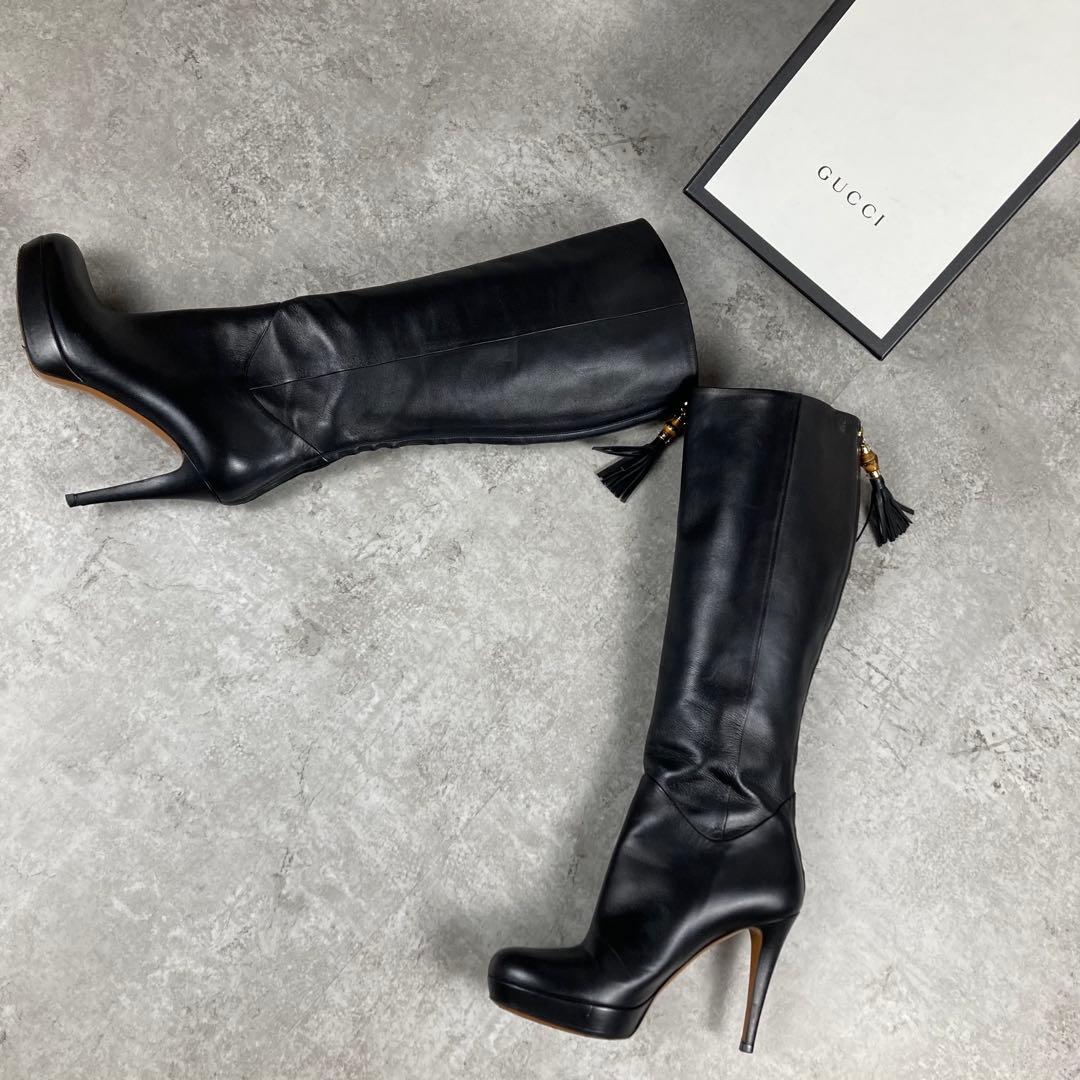 GUCCI グッチ　レザー　ロングブーツ　37.5 バンブー　フリンジ　チャーム