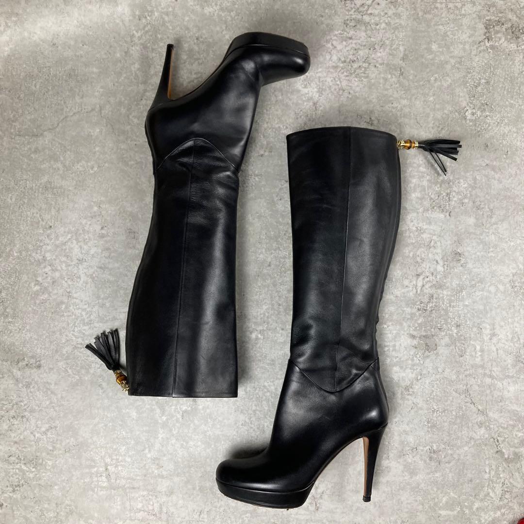 GUCCI グッチ　レザー　ロングブーツ　37.5 バンブー　フリンジ　チャーム