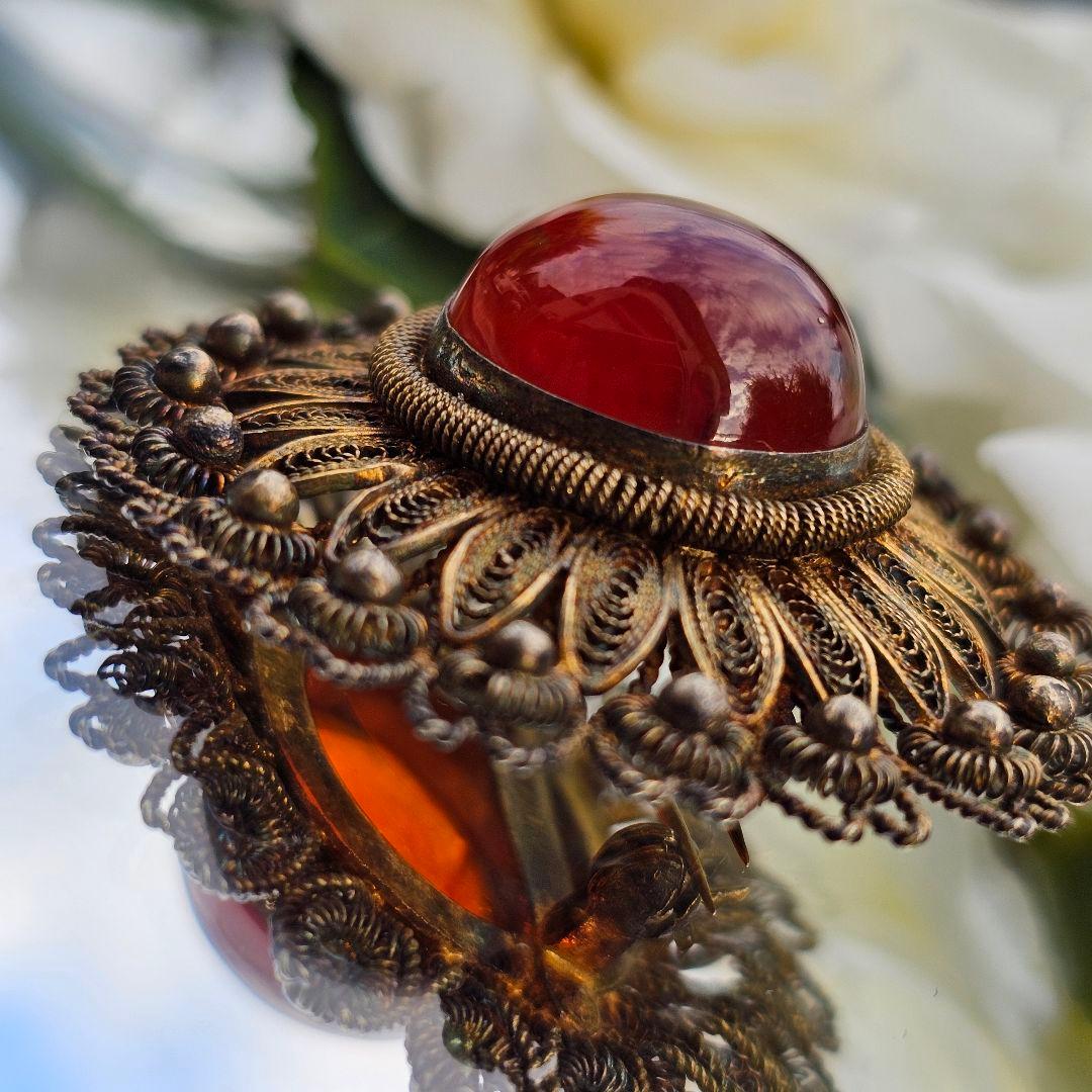 【255】 琥珀　アンバー　銀線細工　ヴィンテージブローチ