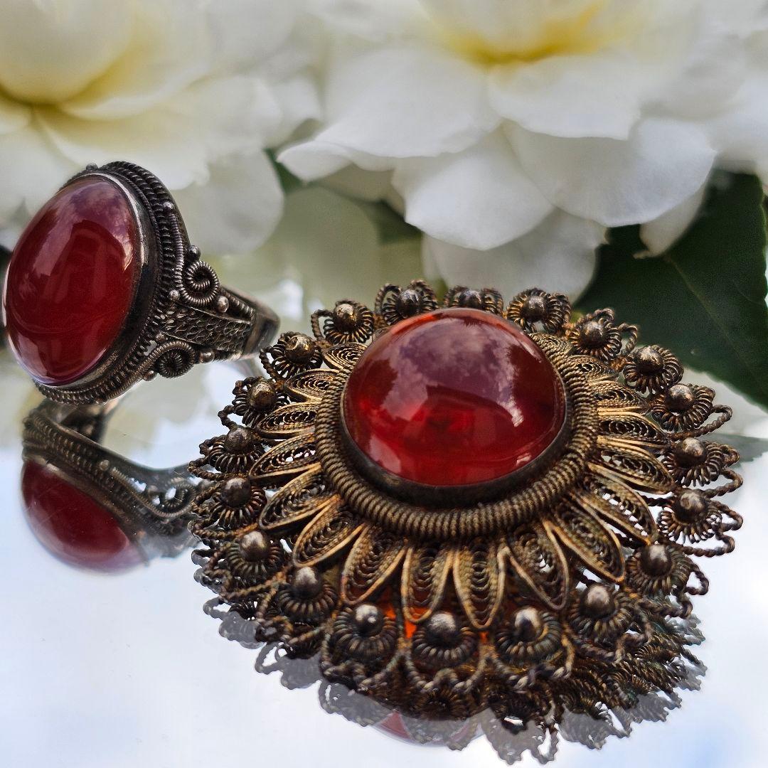 【255】 琥珀　アンバー　銀線細工　ヴィンテージブローチ