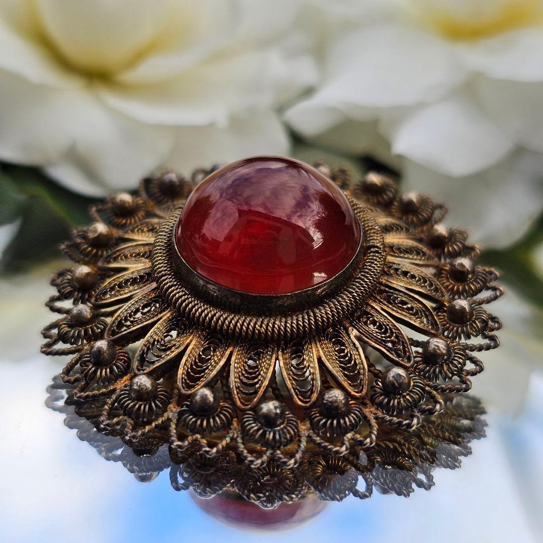 【255】 琥珀　アンバー　銀線細工　ヴィンテージブローチ