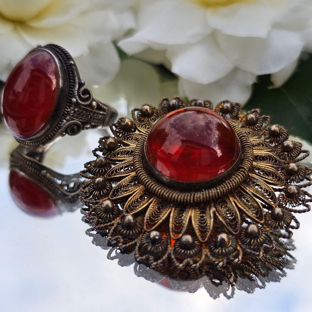 【255】 琥珀　アンバー　銀線細工　ヴィンテージブローチ