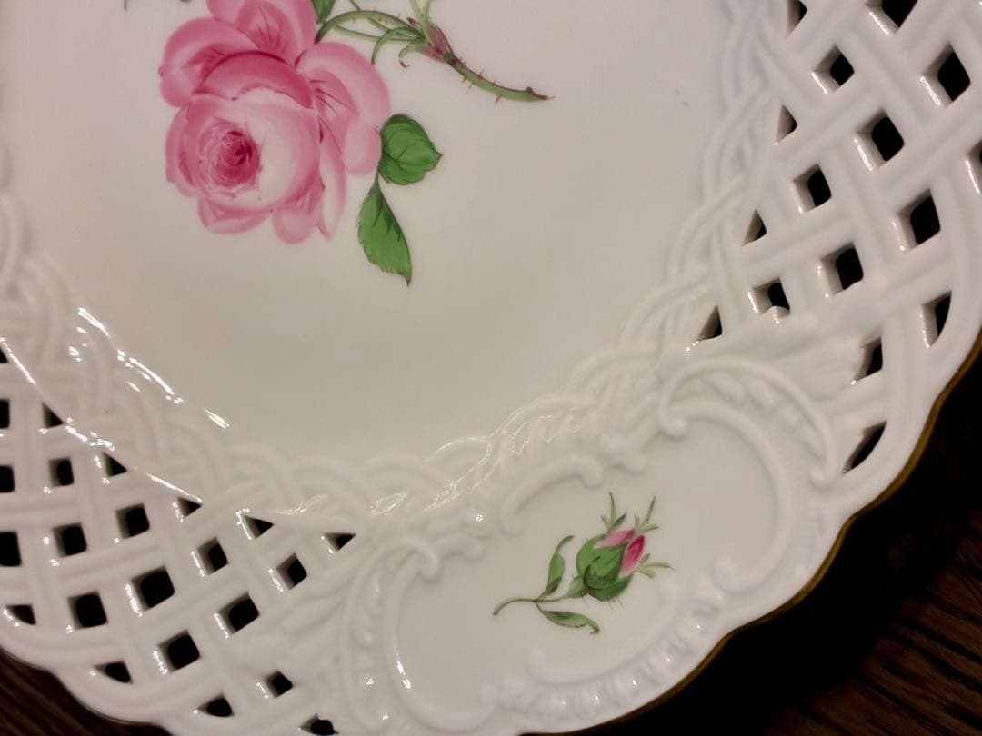 マイセン　ピンクローズ　21cm レース　プレート 金彩エッジ