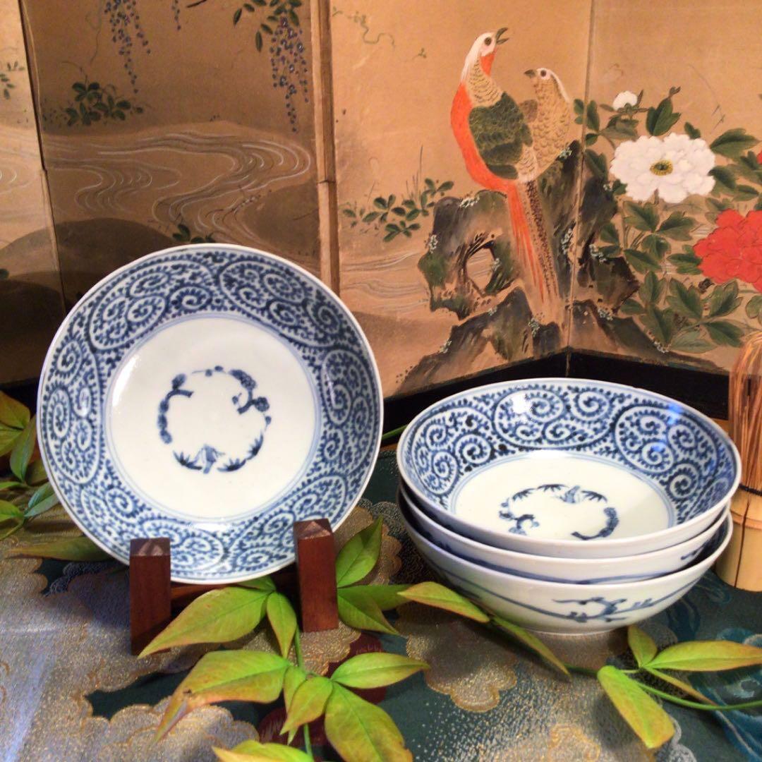 A344 古伊万里　染付　蛸唐草紋様　膾皿　　4客