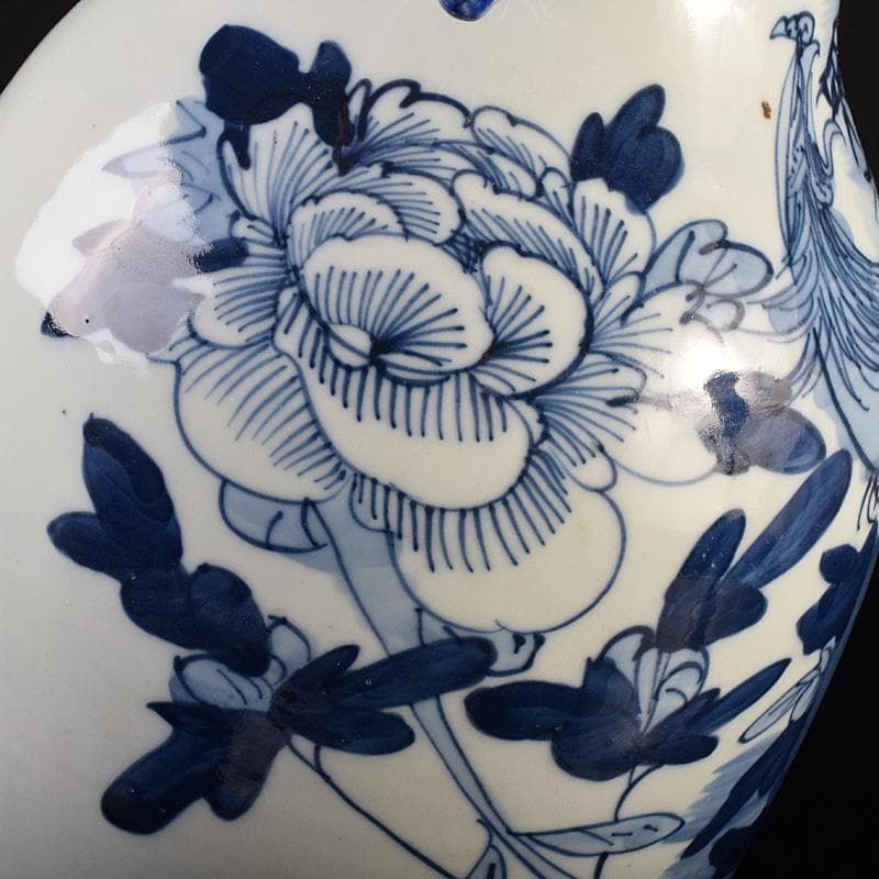 中国　青花　鳳凰花文　双耳瓶　高さ約43cm　M　R7622F