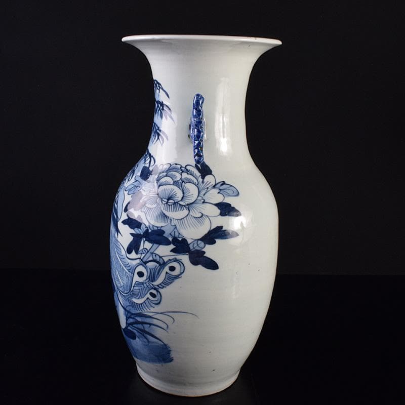 中国　青花　鳳凰花文　双耳瓶　高さ約43cm　M　R7622F