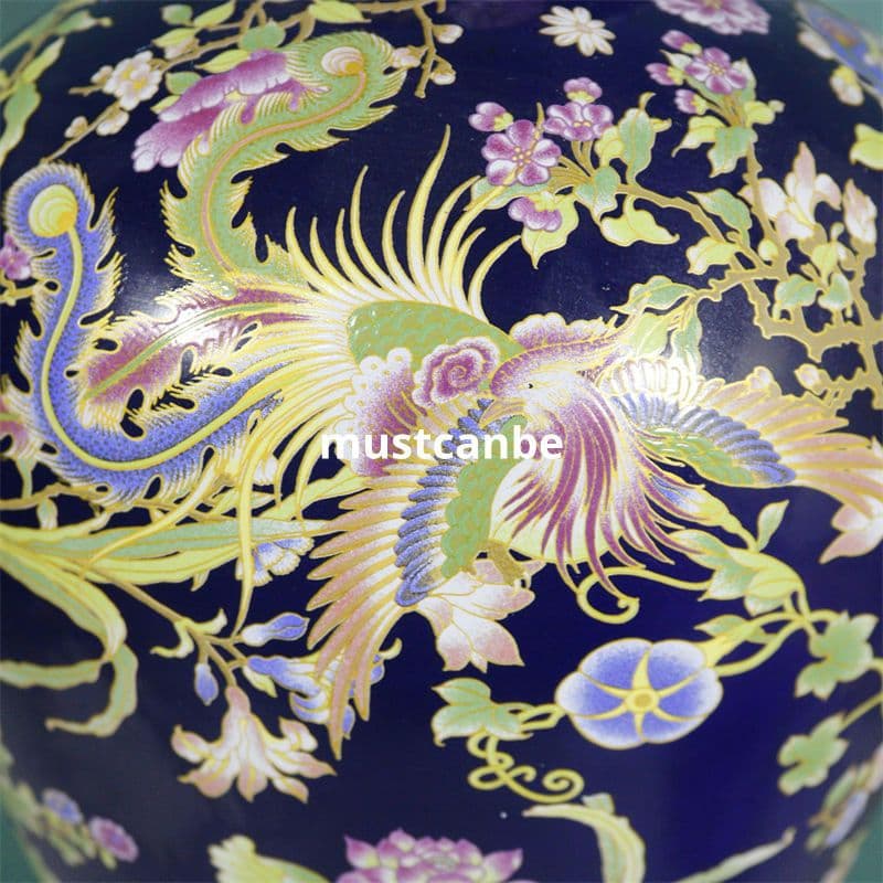 清康熙官窯藍底鳳凰紋将軍缶 景徳鎮 陶磁器 装飾品 現代工芸品 美術品 置物