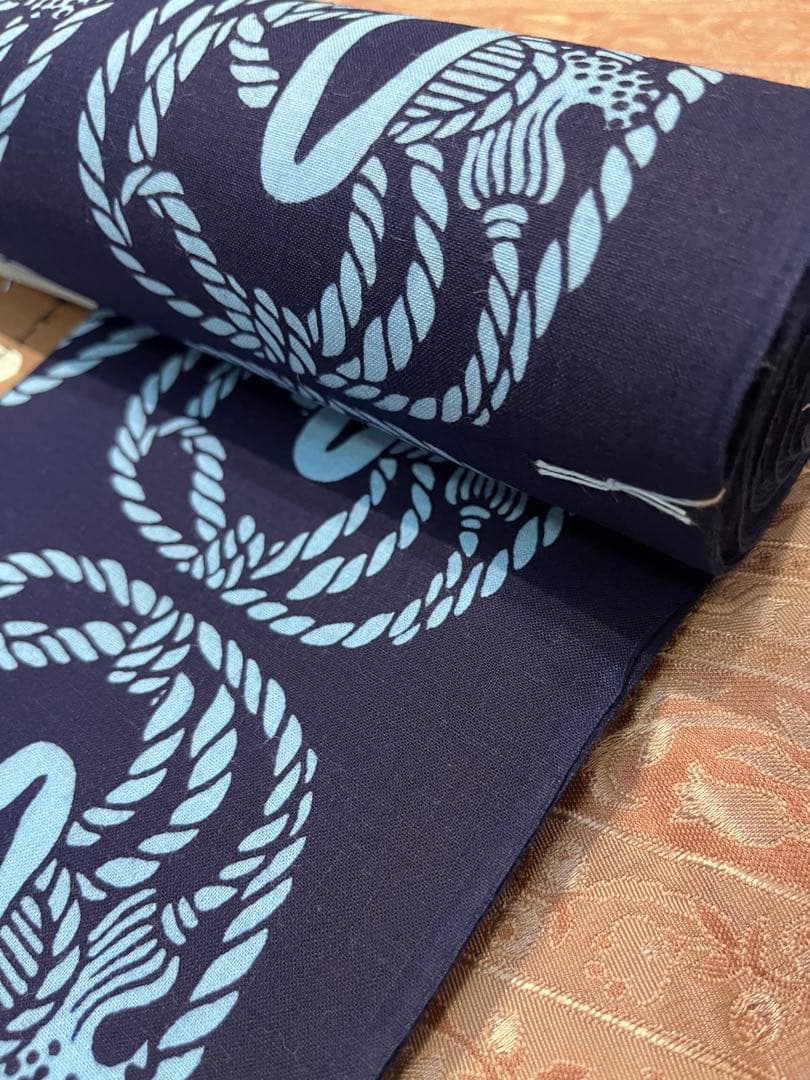 紺　白　綱　刀の鍔　本染　浴衣　反物