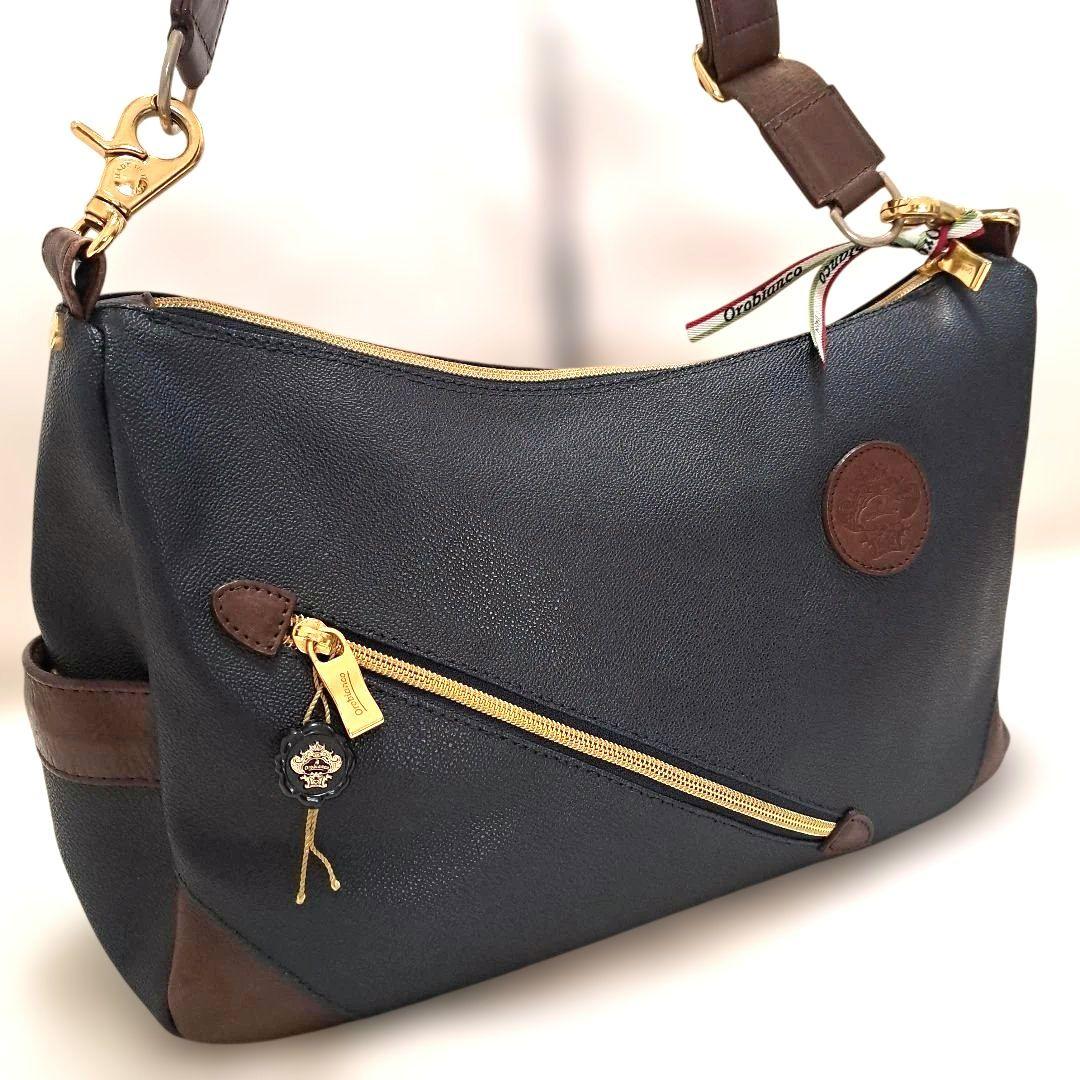 【美品】オロビアンコ レザーショルダーバッグ 革ロゴタグ&ゴールド金具 ネイビー