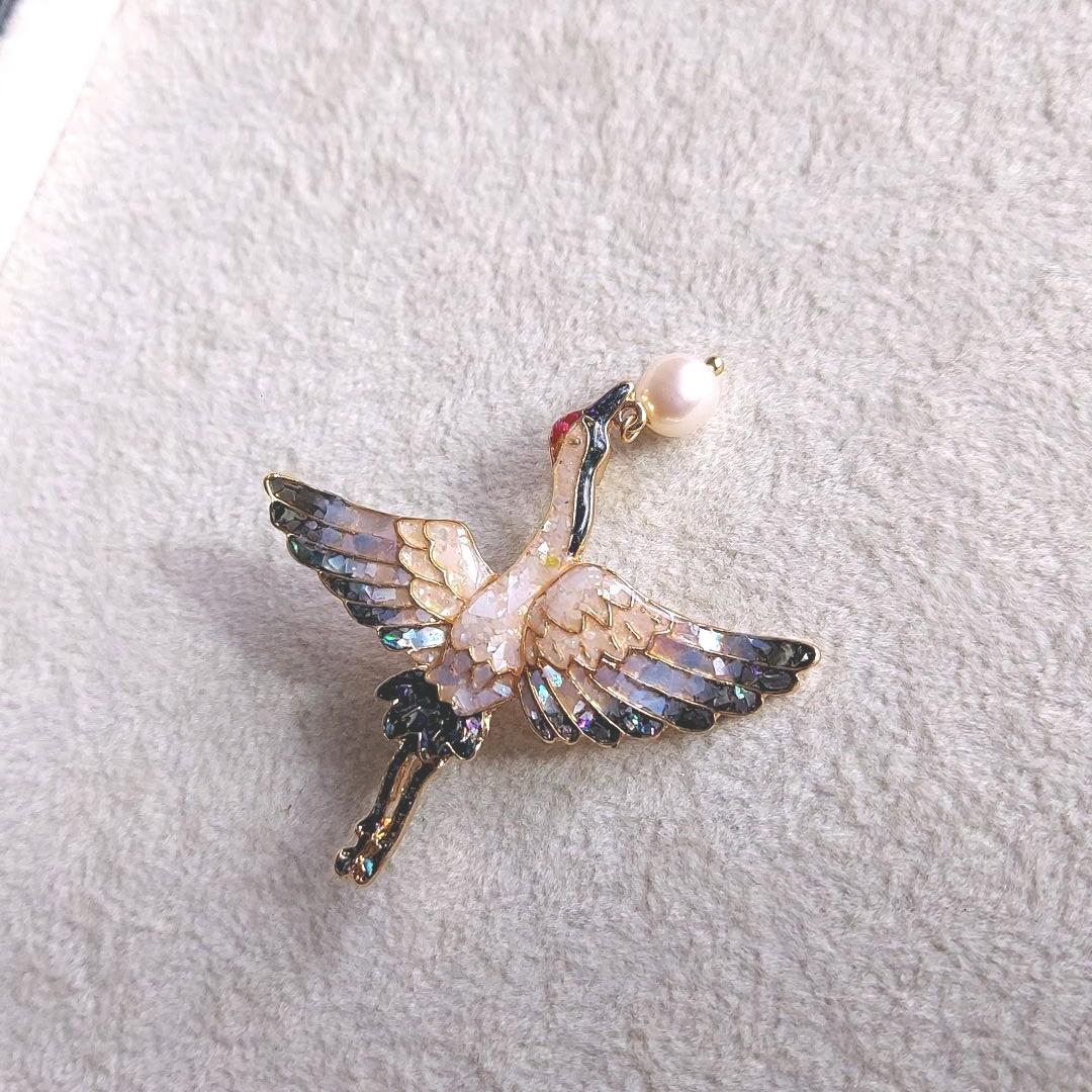 本真珠　シェル　鶴　ブローチ