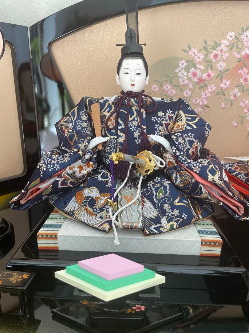 美品　原孝州　お雛様　雛人形　三段飾り　五人飾り　桜刺繍　光るぼんぼり