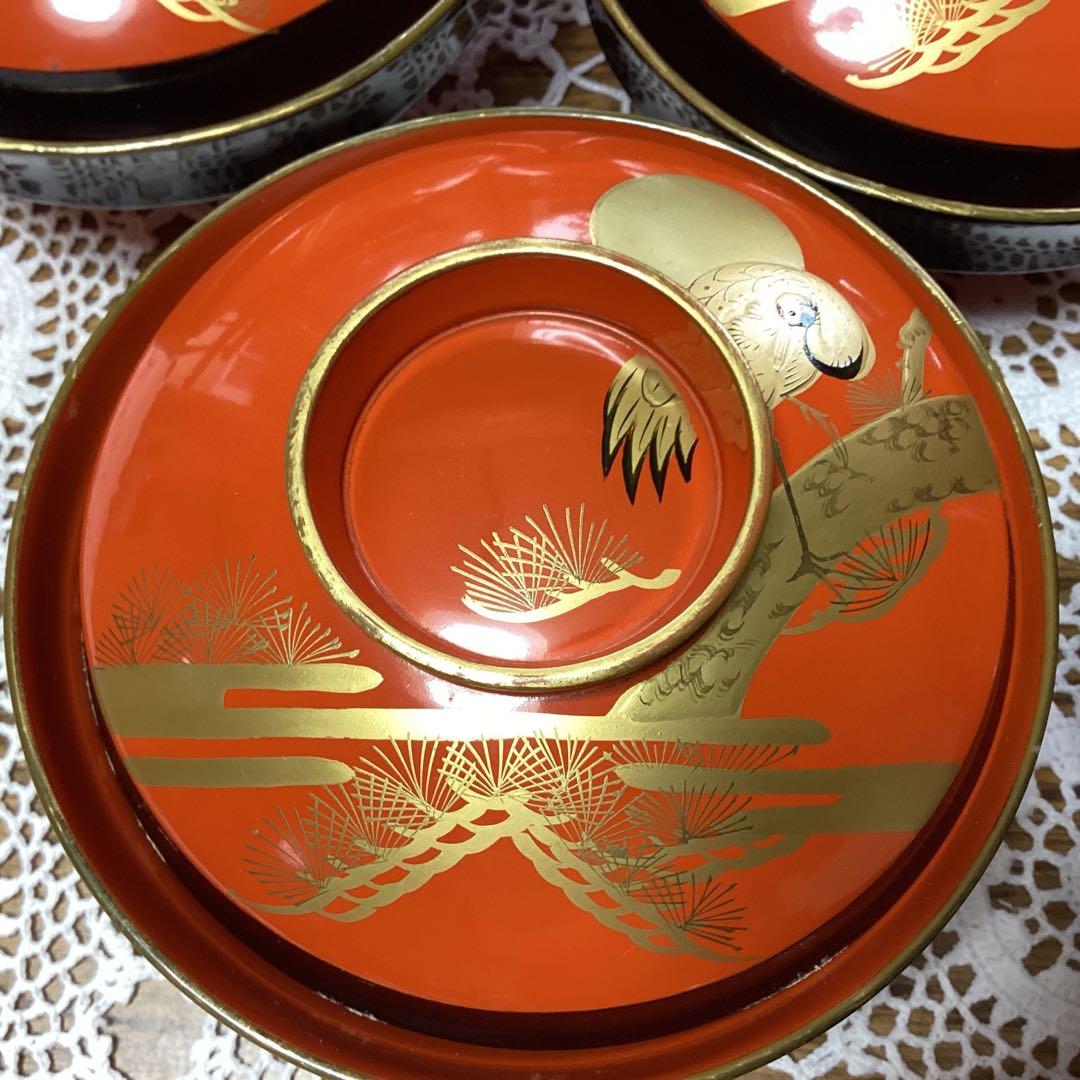 k2f19 漆器 吸物椀　10客　　朱　金色の鶴デザイン