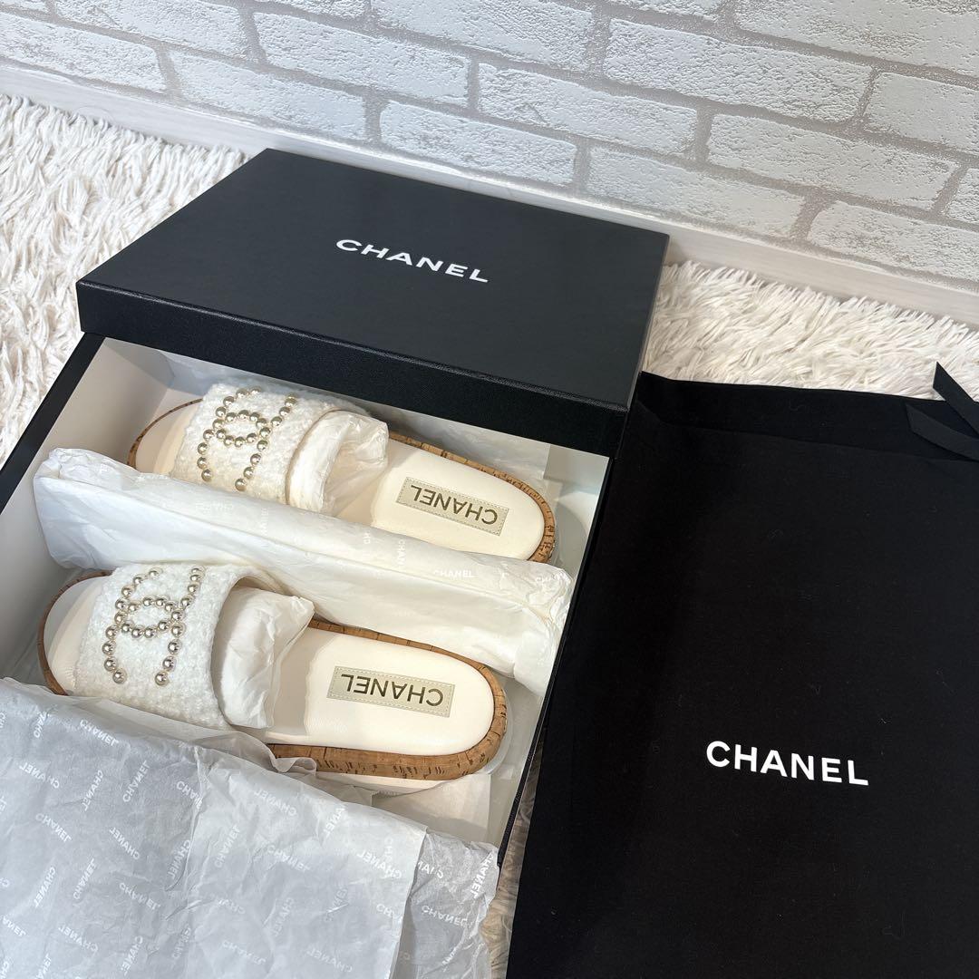 【未使用】　シャネル　パール　ココマーク　ツイード　フラットサンダル　24S