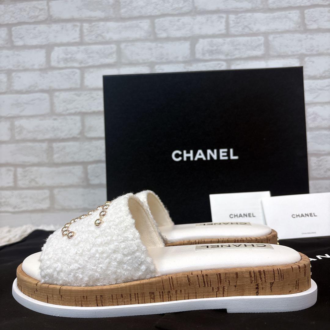 【未使用】　シャネル　パール　ココマーク　ツイード　フラットサンダル　24S