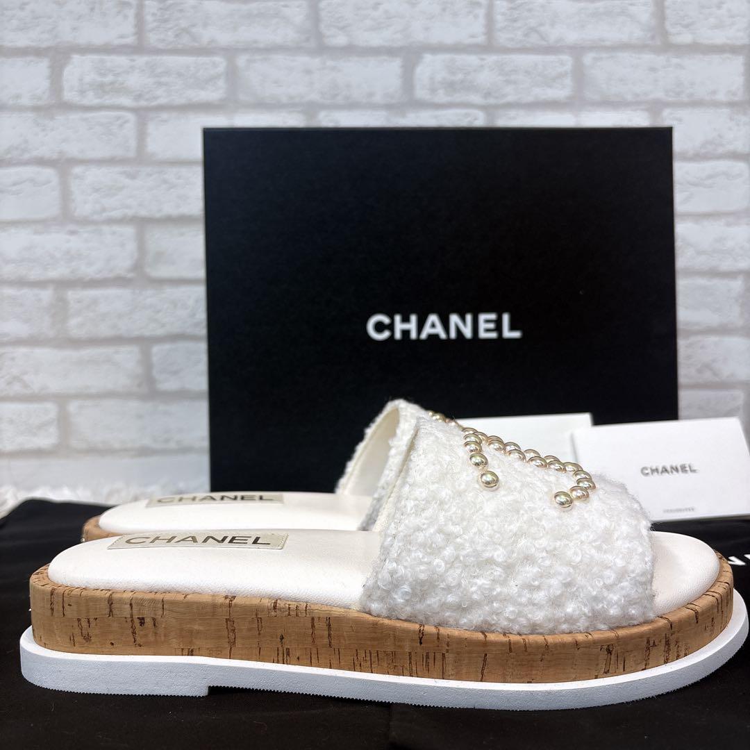 【未使用】　シャネル　パール　ココマーク　ツイード　フラットサンダル　24S