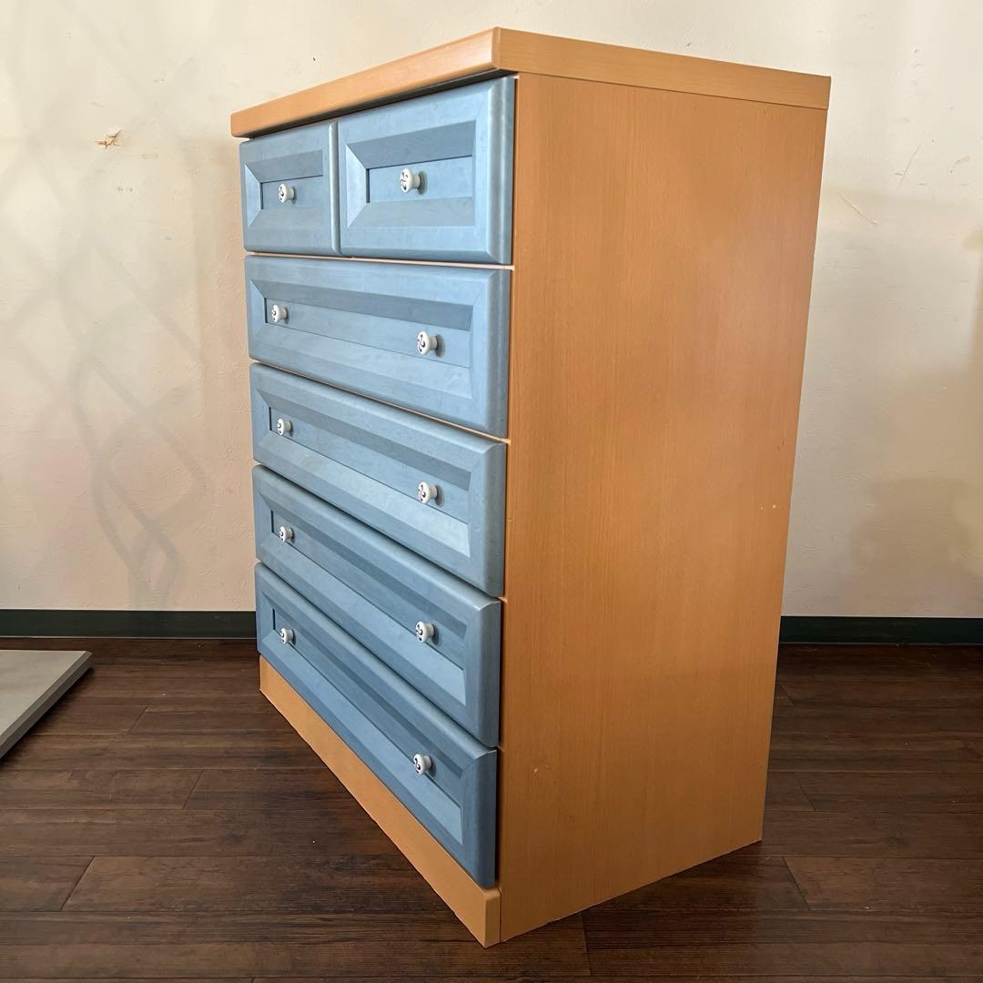 k044 ブルーの引き出しが可愛らしい5段チェスト 洋服たんす 天然木の引き出し
