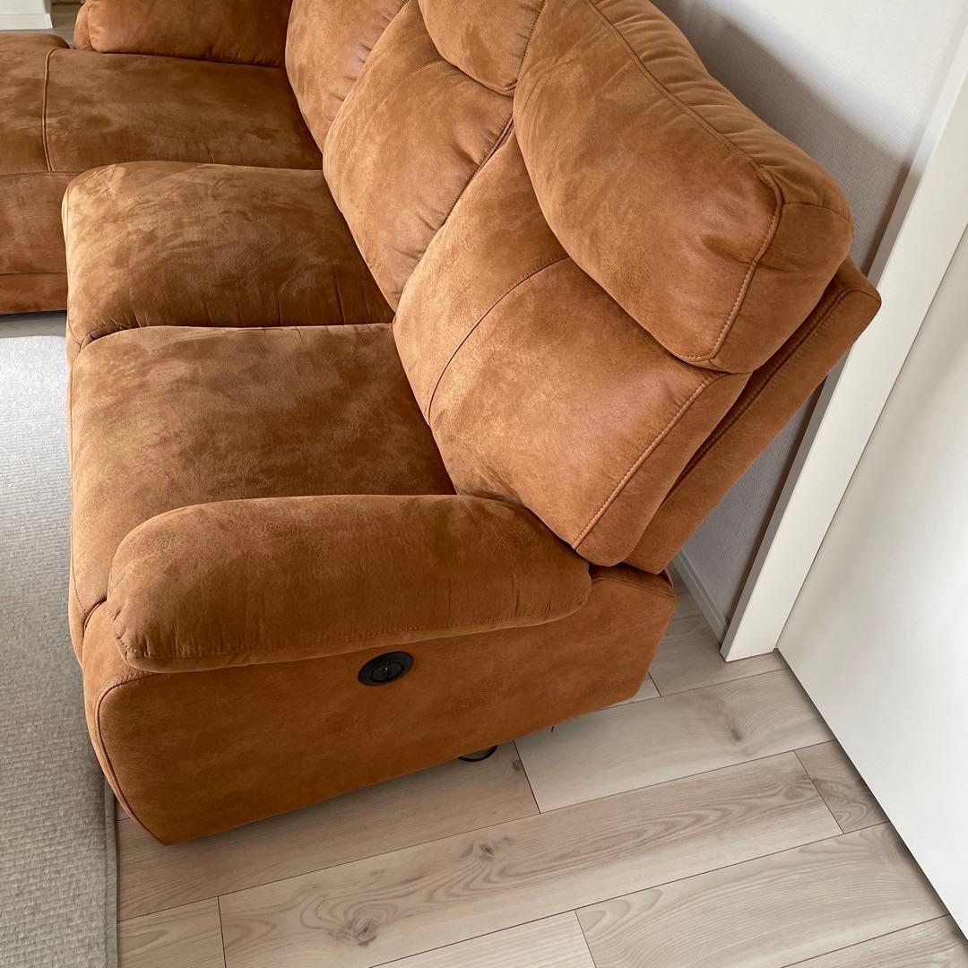 ブラウン ファブリック カウチソファ　皮仕様