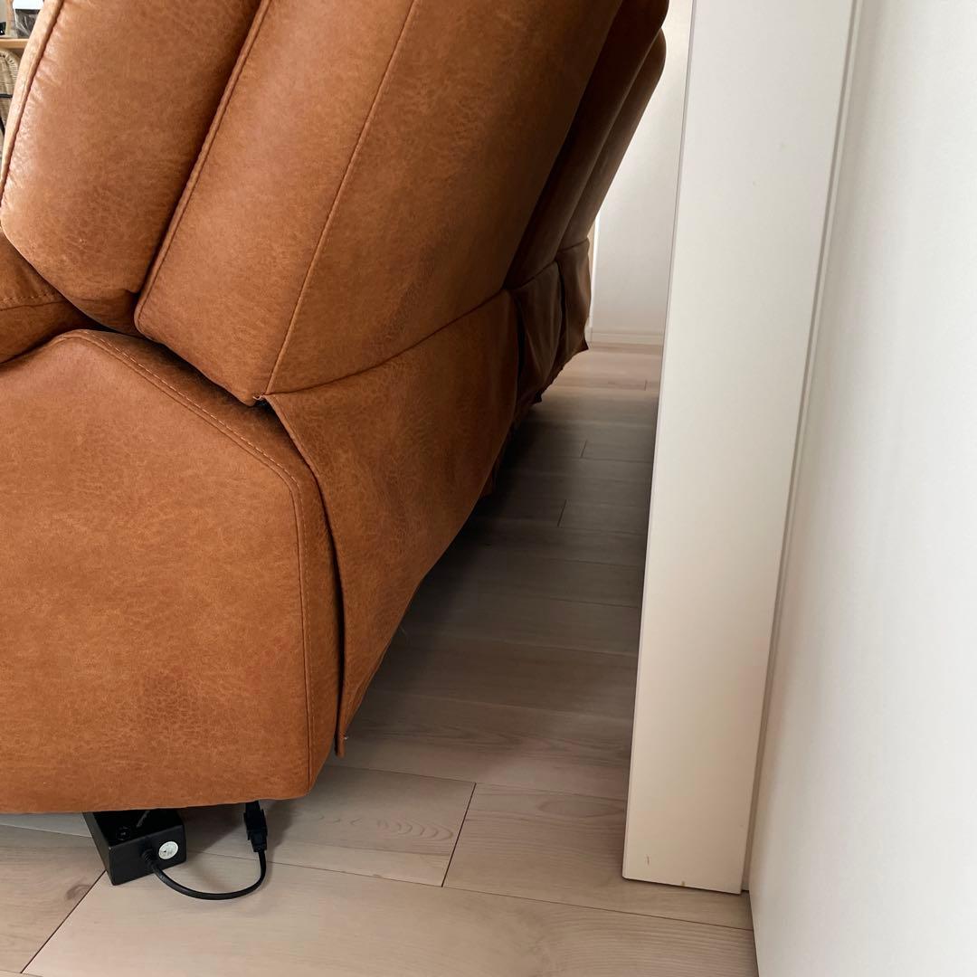 ブラウン ファブリック カウチソファ　皮仕様