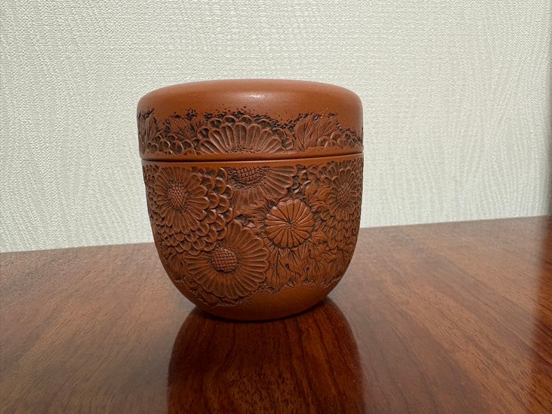 常滑焼_陶元作_菊柄彫刻の棗
